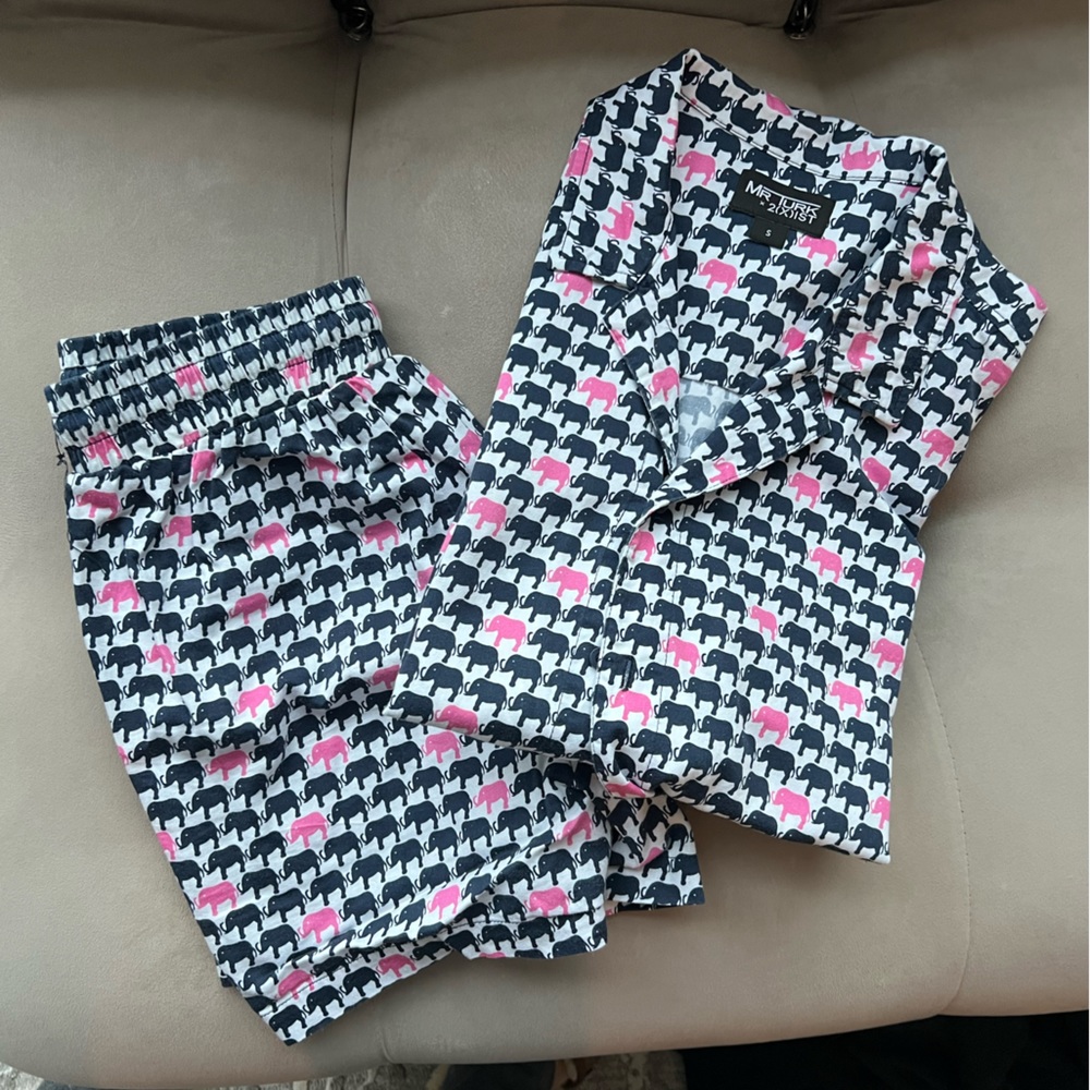 Men's White Button-Down Shirt with Pink & Black Elephant Print